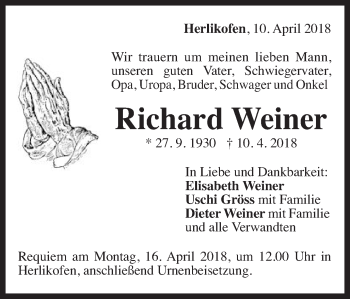 Traueranzeige von Richard Weiner