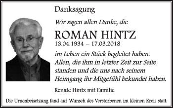 Traueranzeige von Roman Hintz von Schwäbische Post