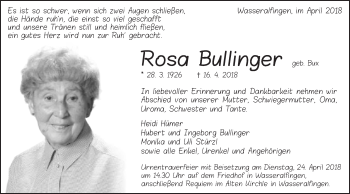 Traueranzeige von Rosa Bullinger von Schwäbische Post