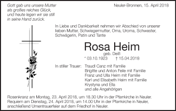 Traueranzeige von Rosa Heim von Schwäbische Post