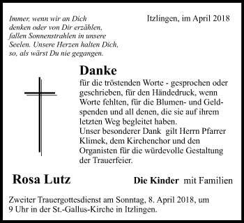 Traueranzeige von Rosa Lutz von Schwäbische Post