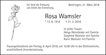 Traueranzeige von Rosa Wamsler von Gmünder Tagespost