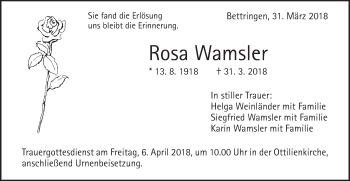 Traueranzeige von Rosa Wamsler