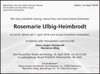 Traueranzeige von Rosemarie Ulbig-Heimbrodt von Schwäbische Post