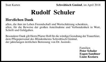 Traueranzeige von Rudolf Schuler von Gmünder Tagespost