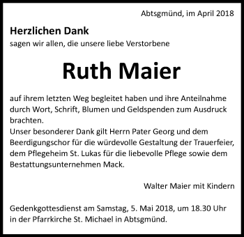 Traueranzeige von Ruth Maier von Schwäbische Post