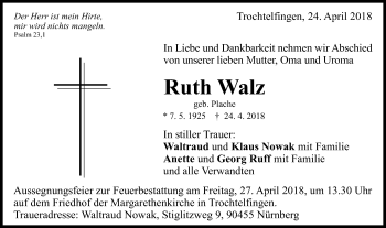 Traueranzeige von Ruth Walz von Schwäbische Post