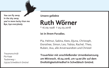 Traueranzeige von Ruth Wörner von Gmünder Tagespost