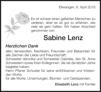 Traueranzeige von Sabine Lenz von Schwäbische Post