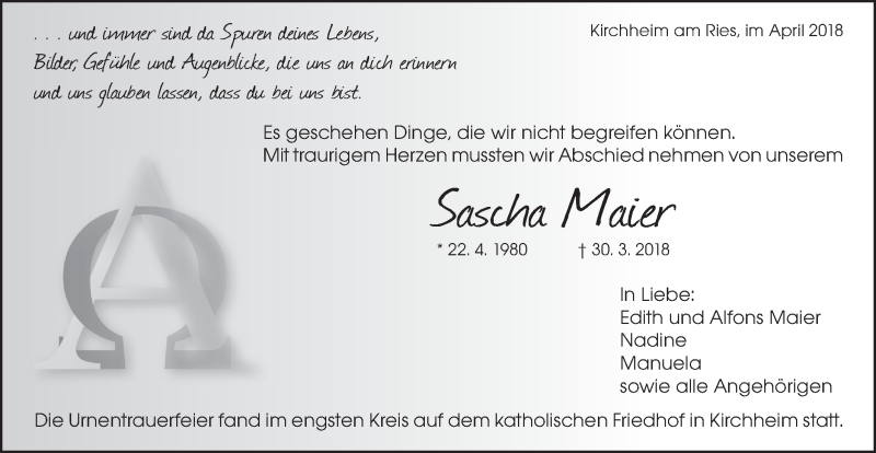  Traueranzeige für Sascha Maier vom 13.04.2018 aus Schwäbische Post