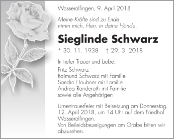 Traueranzeige von Sieglinde Schwarz von Schwäbische Post