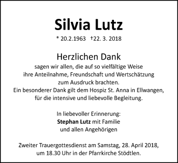 Traueranzeige von Silvia Lutz von Schwäbische Post
