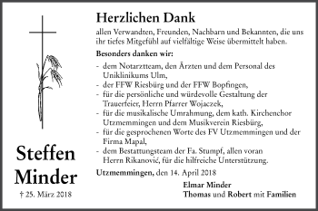 Traueranzeige von Steffen Minder von Schwäbische Post
