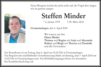Traueranzeige von Steffen Minder von Schwäbische Post