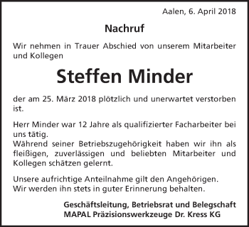 Traueranzeige von Steffen Minder von Schwäbische Post