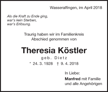 Traueranzeige von Theresia Köstler von Schwäbische Post