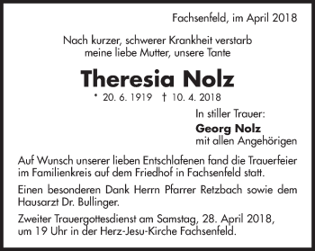 Traueranzeige von Theresia Nolz von Schwäbische Post