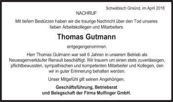 Traueranzeige von Thomas Gutmann von Gmünder Tagespost