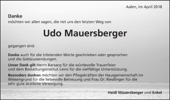 Traueranzeige von Udo Mauersberger von Schwäbische Post