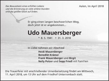 Traueranzeige von Udo Mauersberger von Schwäbische Post