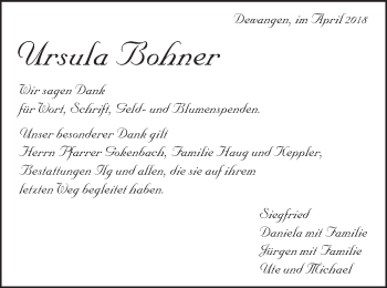 Traueranzeige von Ursula Bohner von Schwäbische Post