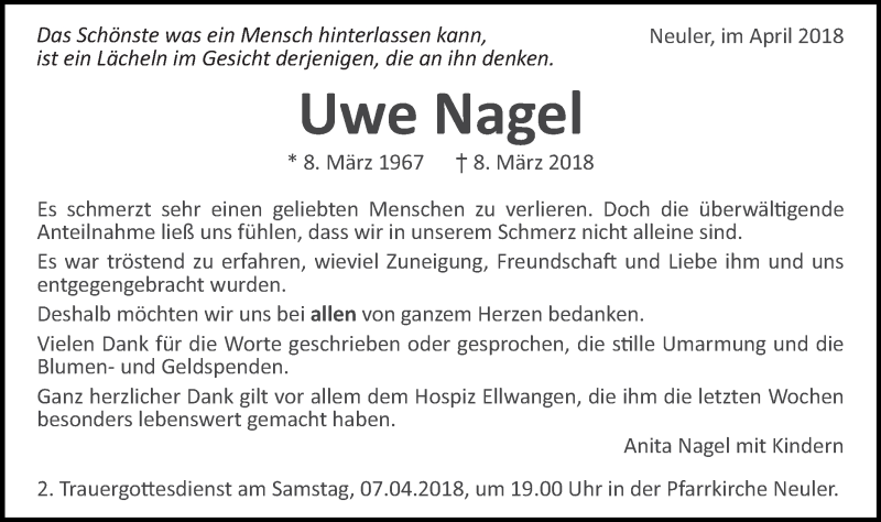  Traueranzeige für Uwe Nagel vom 05.04.2018 aus Schwäbische Post