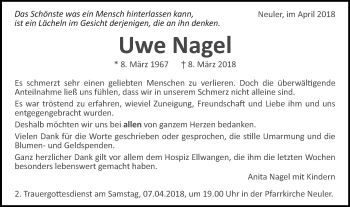 Traueranzeige von Uwe Nagel von Schwäbische Post