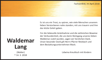 Traueranzeige von Waldemar Lang von Schwäbische Post