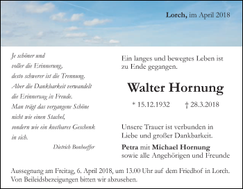 Traueranzeige von Walter Hornung von Gmünder Tagespost