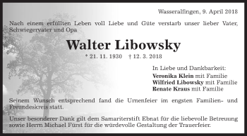 Traueranzeige von Walter Libowsky von Schwäbische Post