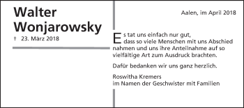 Traueranzeige von Walter Wonjarowsky von Schwäbische Post
