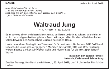 Traueranzeige von Waltraud Jung von Schwäbische Post