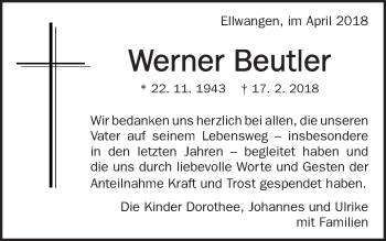 Traueranzeige von Werner Beutler von Schwäbische Post