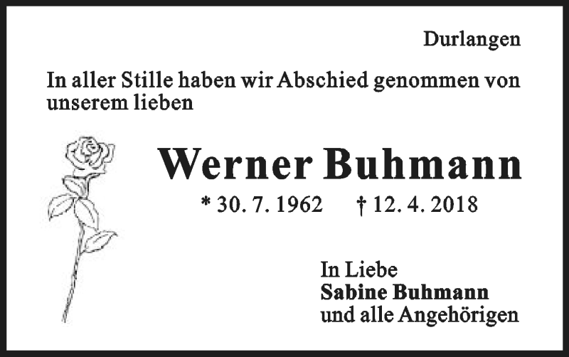  Traueranzeige für Werner Buhmann vom 20.04.2018 aus Gmünder Tagespost