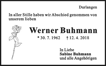 Traueranzeige von Werner Buhmann von Gmünder Tagespost