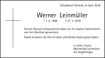 Traueranzeige von Werner Leinmüller