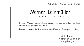 Traueranzeige von Werner Leinmüller von Gmünder Tagespost
