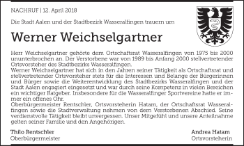 Traueranzeige von Werner Weichselgartner von Schwäbische Post