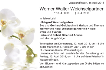 Traueranzeige von Werner Walter Weichselgartner von Schwäbische Post