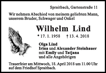 Traueranzeige von Wilhelm Lind von Gmünder Tagespost