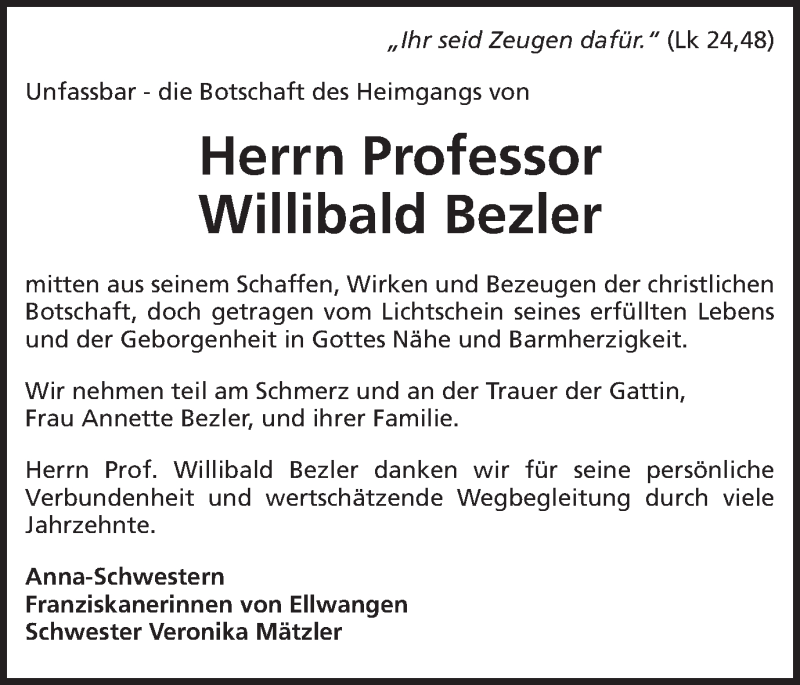  Traueranzeige für Willibald Bezler vom 18.04.2018 aus Schwäbische Post