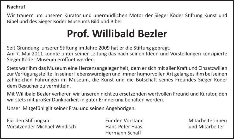  Traueranzeige für Willibald Bezler vom 18.04.2018 aus Schwäbische Post