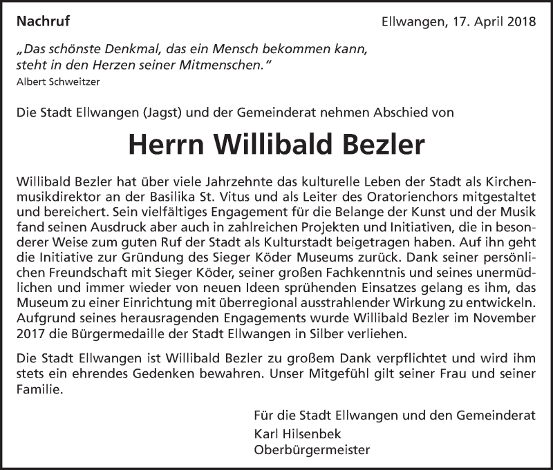  Traueranzeige für Willibald Bezler vom 18.04.2018 aus Schwäbische Post