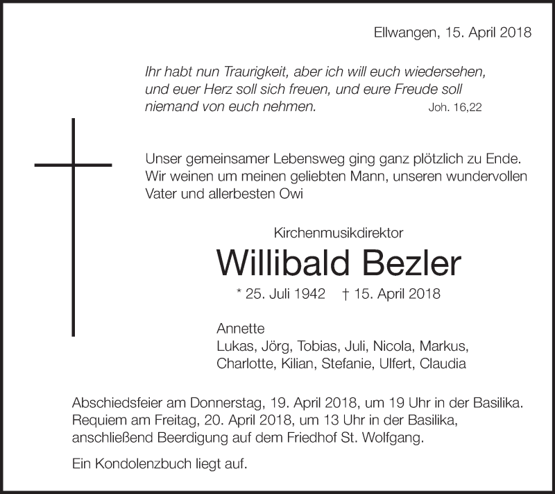  Traueranzeige für Willibald Bezler vom 17.04.2018 aus Schwäbische Post