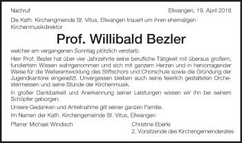 Traueranzeige von Willibald Bezler von Schwäbische Post