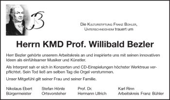 Traueranzeige von Willibald Bezler von Schwäbische Post
