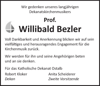 Traueranzeige von Willibald Bezler von Schwäbische Post