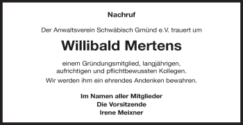 Traueranzeige von Willibald Mertens von Gmünder Tagespost