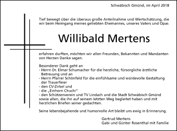 Traueranzeige von Willibald Mertens von Gmünder Tagespost