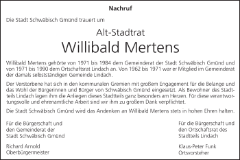 Traueranzeige von Willibald Mertens von Gmünder Tagespost